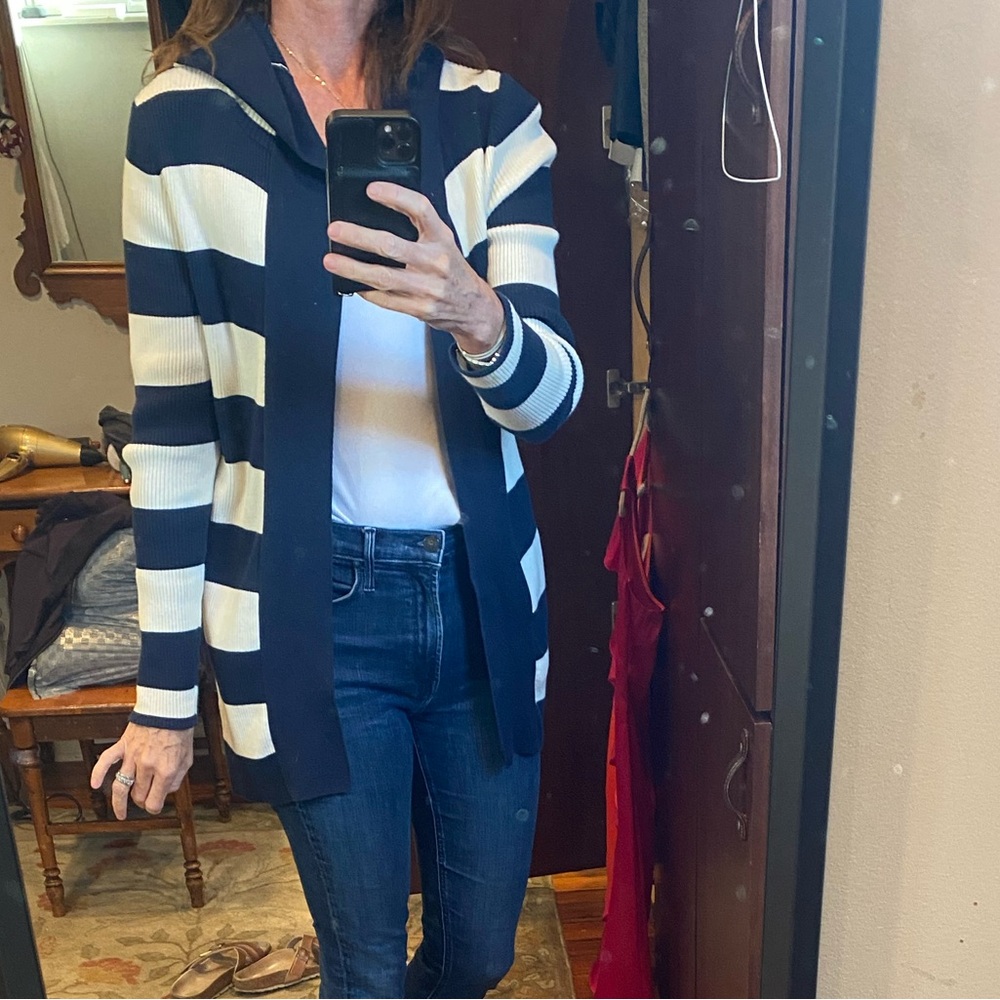 Blue and white striped hooded cardigan sweater